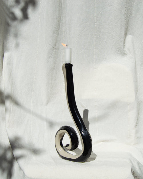 Candle holder – hand-painted black and off-white stoneware candleholder and vase