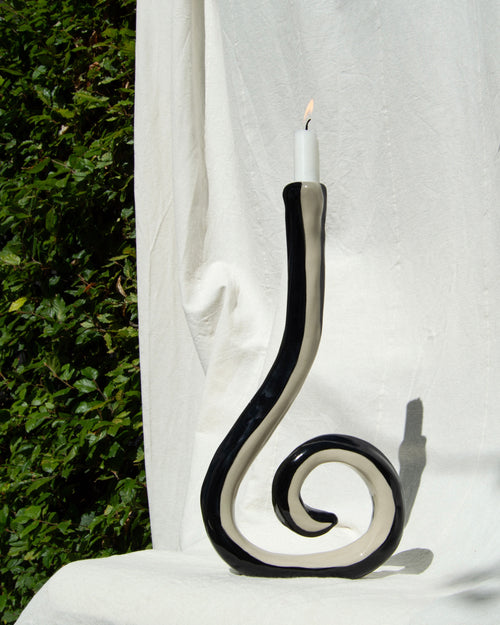 Candle holder – hand-painted black and off-white stoneware candleholder and vase
