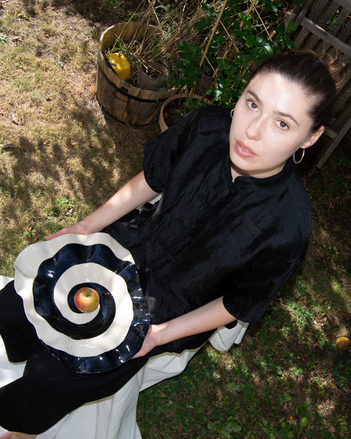 Spiral plate – hand-built stoneware serving plate with a black and off-white spiral