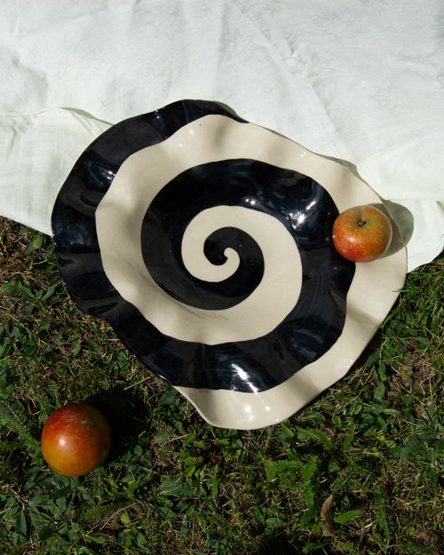 Spiral plate – hand-built stoneware serving plate with a black and off-white spiral