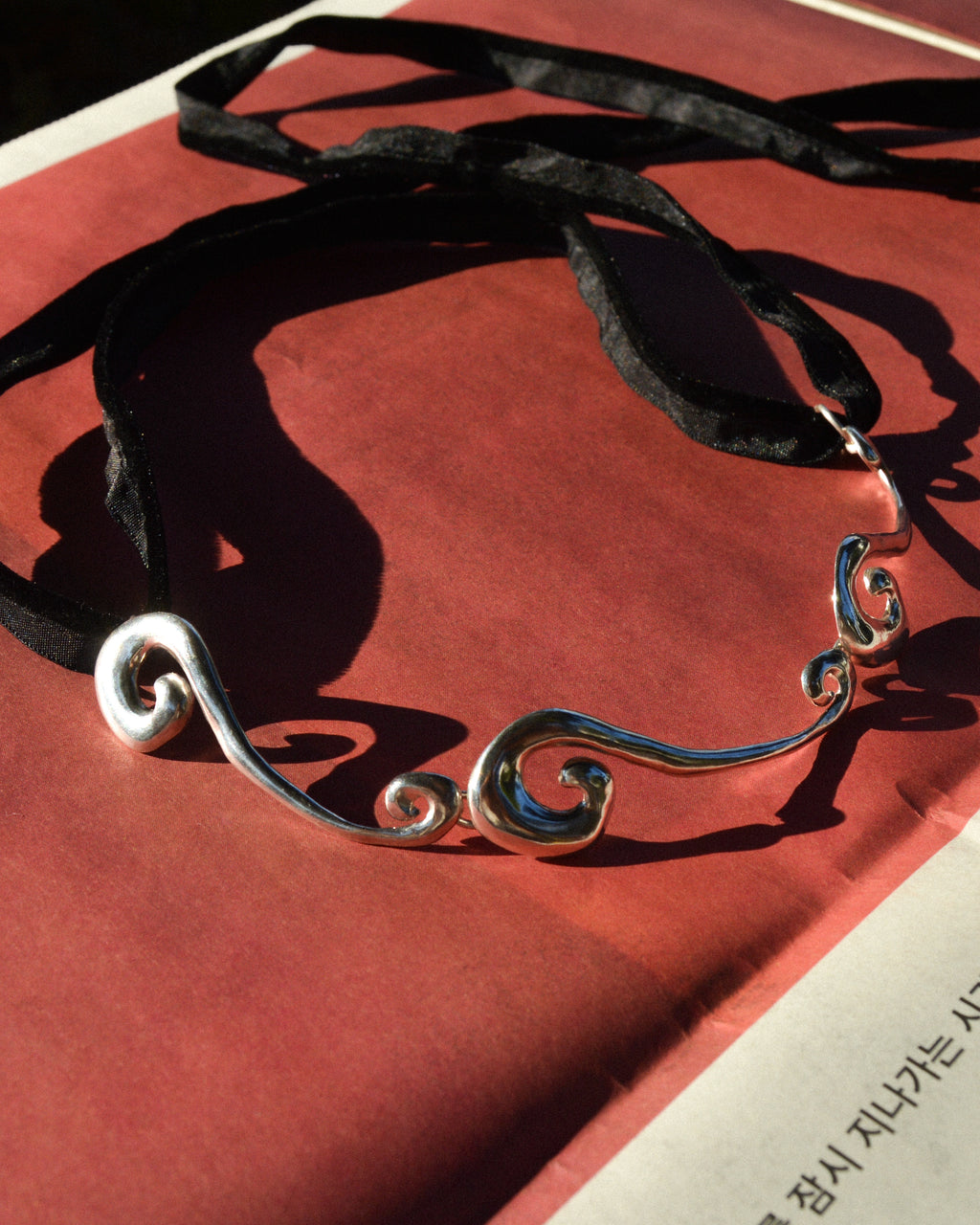 Siren Collar – sterling silver wave collar on a silk strap